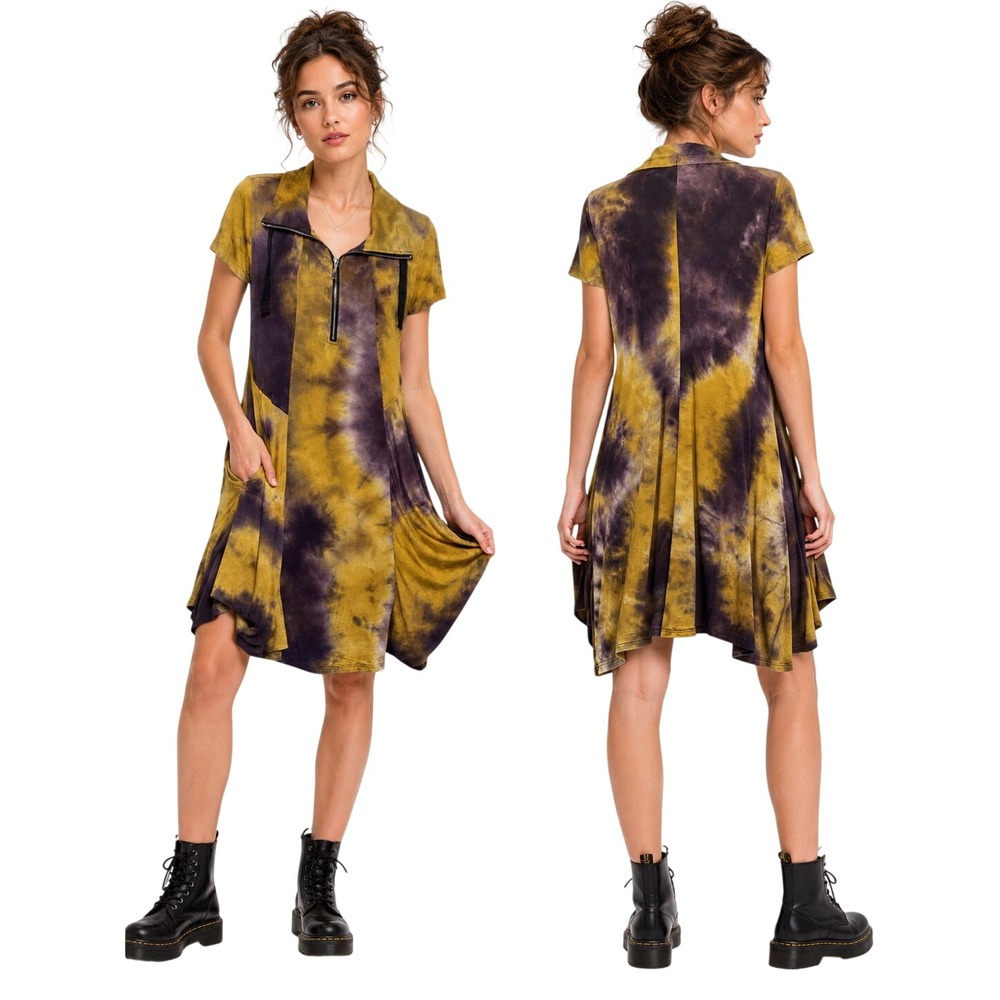 MT Collection Large Tie Dye Quarter Zip Dress Women's  Mustard Purple Boho